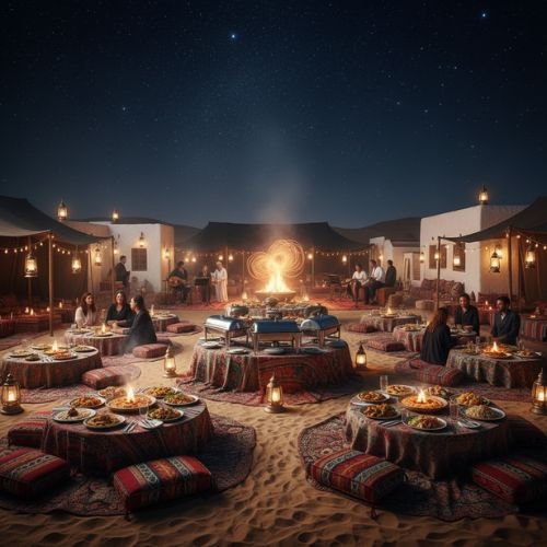 BBQ dinner setup at Dubai desert safari campsite